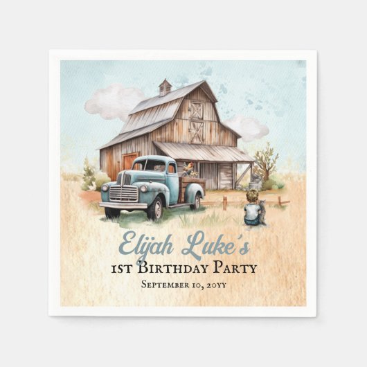 Schattigee kleine boer 1e verjaardagsfeestje servet (Voorkant)