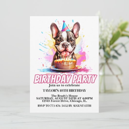Schattigee kleine bostonterrier verjaardagsfeestje kaart (Staand voorkant)