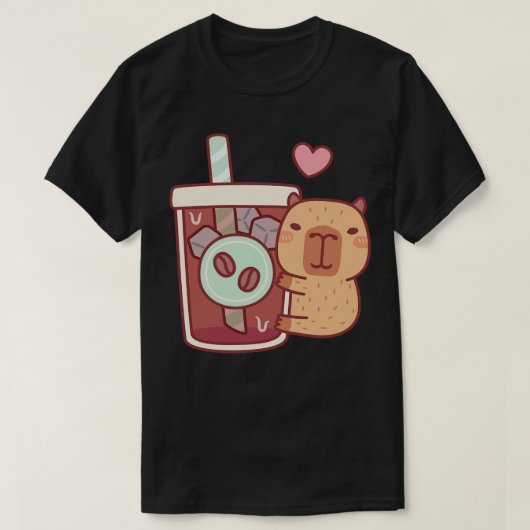 Schattigee kleine capybara knuffels ijskoffie t-shirt (Design voorkant)