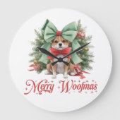 Schattigee kleine corgi met groene kerstboog grote klok (Voorkant)