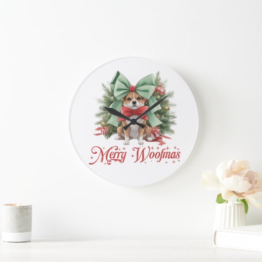 Schattigee kleine corgi met groene kerstboog grote klok (Huis)