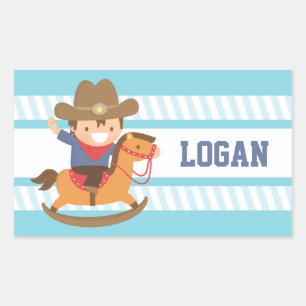 Schattigee Kleine Cowboy Rocking Horse Naam Sticke Rechthoekige Sticker