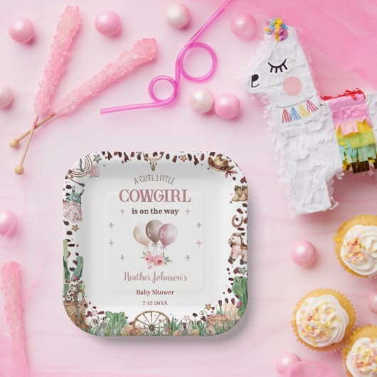Schattigee kleine Cowgirl Westerne Waterverf Baby  Papieren Bordje (Feest)