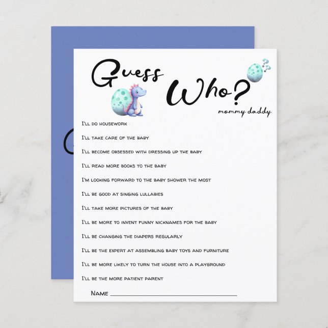 Schattigee kleine dinosaurus Baby shower Raad wie  (Voorkant / Achterkant)