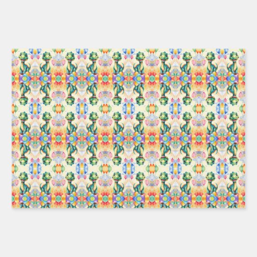 Schattigee kleine dinosaurus met veel kleurrijke b inpakpapier vel (Voorkant)