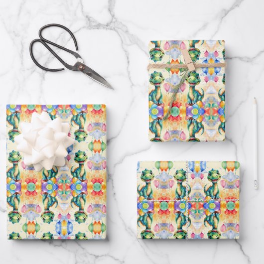 Schattigee kleine dinosaurus met veel kleurrijke b inpakpapier vel (Voorkant)