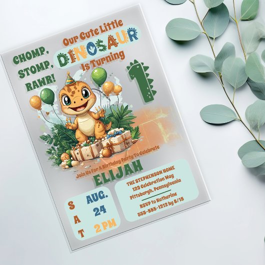 Schattigee kleine dinosaurusjongen 1e verjaardagsf acryl uitnodigingen