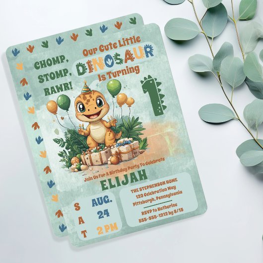 Schattigee kleine dinosaurusjongen 1e verjaardagsf kaart