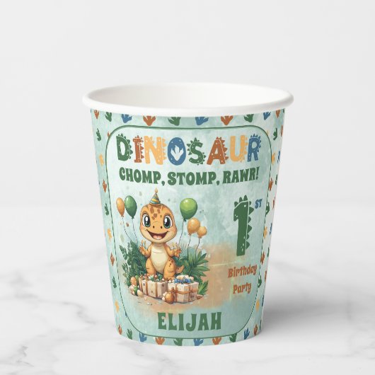 Schattigee kleine dinosaurusjongen 1e verjaardagsf papieren bekers (Achterkant)