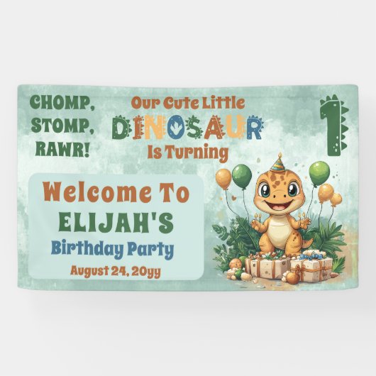 Schattigee kleine dinosaurusjongen 1e verjaardagsf spandoek (Horizontaal)