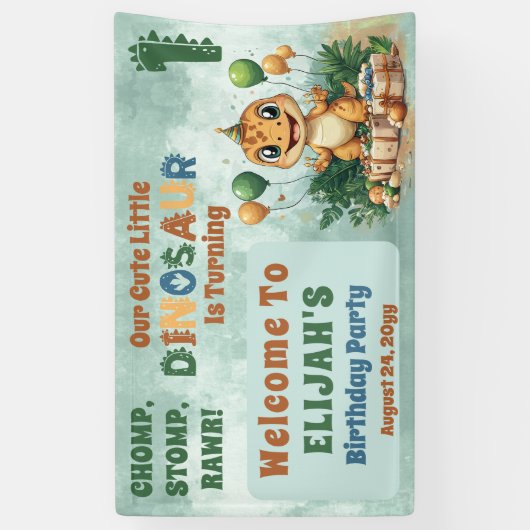 Schattigee kleine dinosaurusjongen 1e verjaardagsf spandoek (Verticaal)