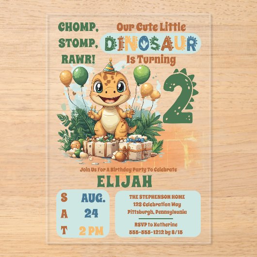 Schattigee kleine dinosaurusjongen 2e verjaardag acryl uitnodigingen (Voorkant)