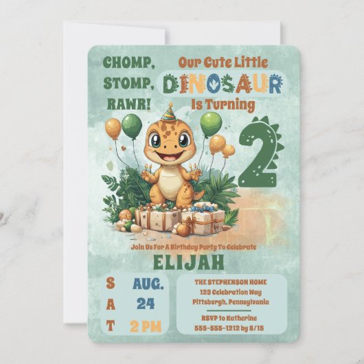 Schattigee kleine dinosaurusjongen 2e verjaardag kaart (Voorkant)