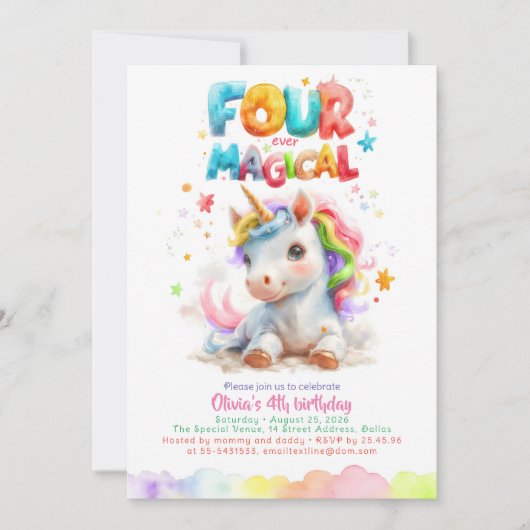 Schattigee kleine eenhoorn meisje's 4e verjaardags kaart (Voorkant)