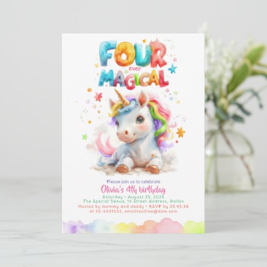 Schattigee kleine eenhoorn meisje's 4e verjaardags kaart (Staand voorkant)