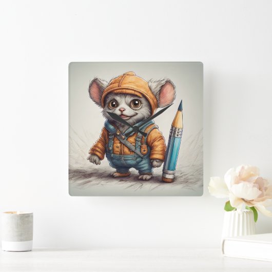Schattigee kleine fantasy creature potlood artiest vierkante klok (Huis)