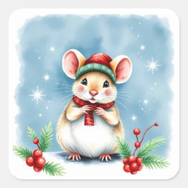 Schattigee Kleine Feestelijke Kerstmuis in Winter  Vierkante Sticker