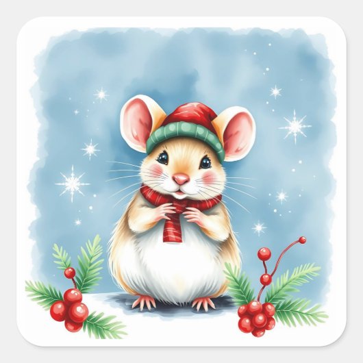 Schattigee Kleine Feestelijke Kerstmuis in Winter  Vierkante Sticker (Voorkant)