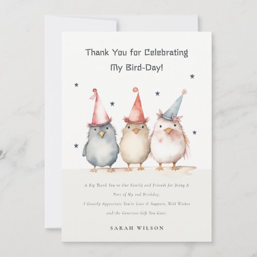 Schattigee kleine feestvogels kinderen verjaardag  bedankkaart (Voorkant)