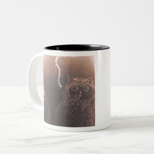 Schattigee kleine gezwollen man en bliksem tweekleurige koffiemok (Voorkant links)