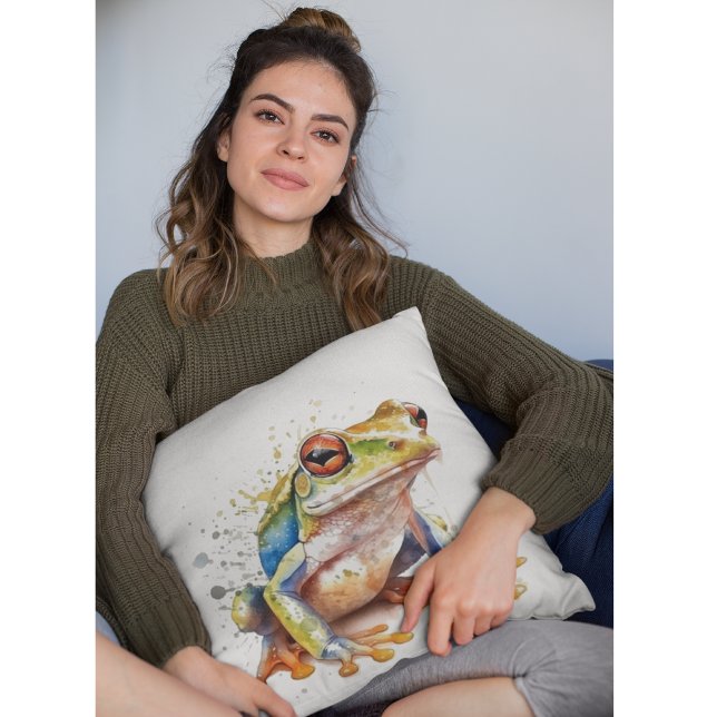 Schattigee kleine groene boomkikker in waterverf kussen (Creator heeft geüpload)