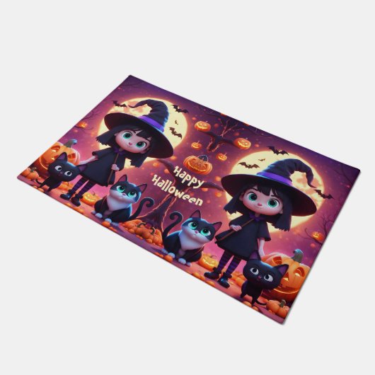 Schattigee kleine heks met katten en pompoenen, op deurmat (Schuin)