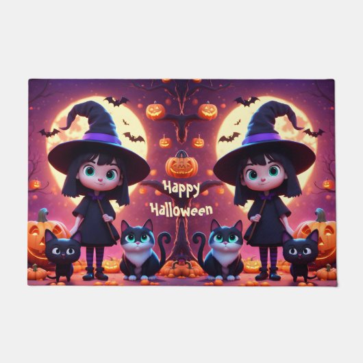 Schattigee kleine heks met katten en pompoenen, op deurmat (Voorkant)