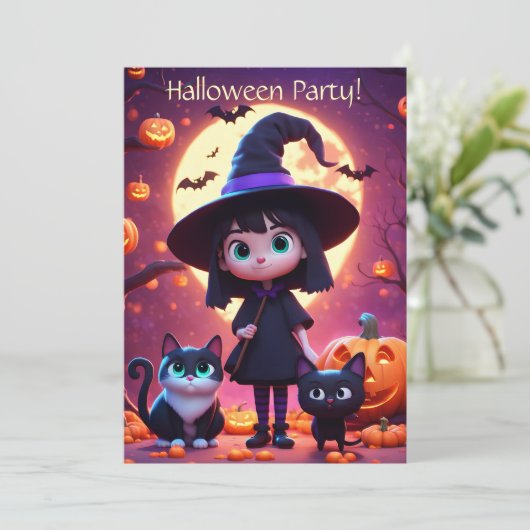 Schattigee kleine heks met katten en pompoenen, op kaart (Staand voorkant)