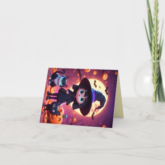 Schattigee kleine heks met katten en pompoenen, op kaart (Voorkant)