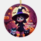 Schattigee kleine heks met katten en pompoenen, op keramisch ornament (Voorkant)