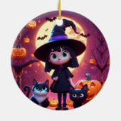 Schattigee kleine heks met katten en pompoenen, op keramisch ornament (Achterkant)