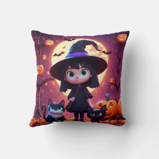 Schattigee kleine heks met katten en pompoenen, op kussen (Achterkant)