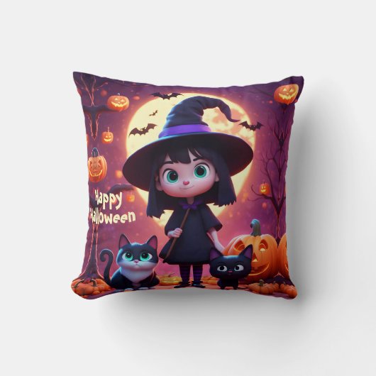 Schattigee kleine heks met katten en pompoenen, op kussen (Voorkant)