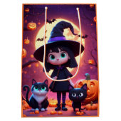 Schattigee kleine heks met katten en pompoenen, op medium cadeauzakje (Achterkant)