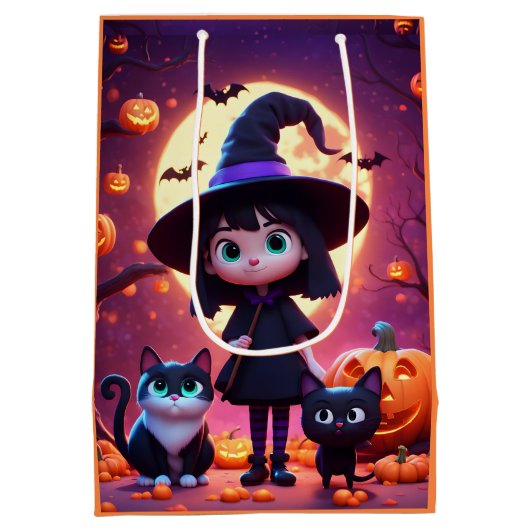 Schattigee kleine heks met katten en pompoenen, op medium cadeauzakje (Achterkant)