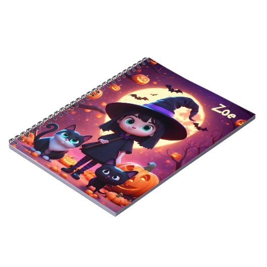 Schattigee kleine heks met katten en pompoenen, op notitieboek (Linkerzijde)