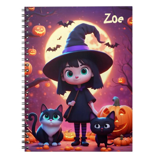 Schattigee kleine heks met katten en pompoenen, op notitieboek (Voorkant)