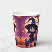 Schattigee kleine heks met katten en pompoenen, op papieren bekers (Achterkant)