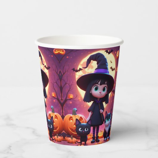 Schattigee kleine heks met katten en pompoenen, op papieren bekers (Achterkant)