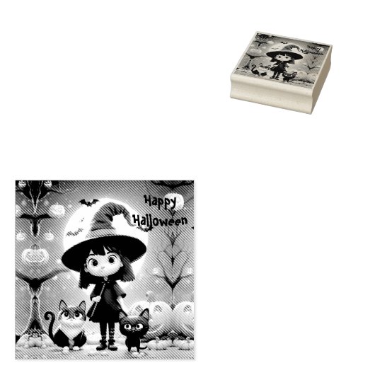 Schattigee kleine heks met katten en pompoenen, op rubberstempel (Gestempeld)