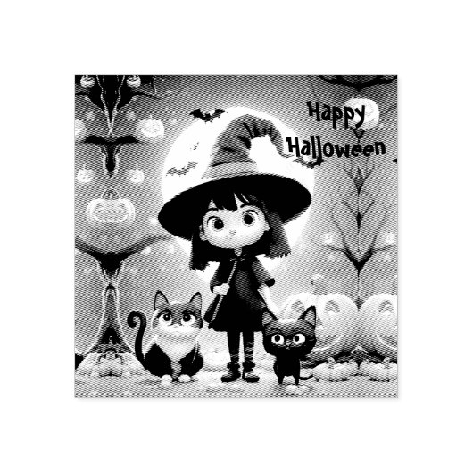 Schattigee kleine heks met katten en pompoenen, op rubberstempel (Afrduk)