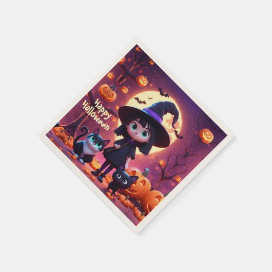 Schattigee kleine heks met katten en pompoenen, op servet (Hoek)