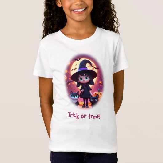 Schattigee kleine heks met katten en pompoenen, op t-shirt (Voorkant)
