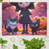 Schattigee kleine heks met katten en pompoenen, op theedoek (Gevouwen)