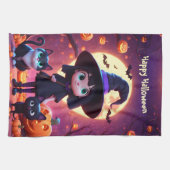 Schattigee kleine heks met katten en pompoenen, op theedoek (Horizontaal)