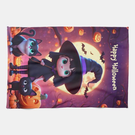 Schattigee kleine heks met katten en pompoenen, op theedoek (Horizontaal)