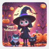 Schattigee kleine heks met katten en pompoenen, op vierkante sticker (Voorkant)
