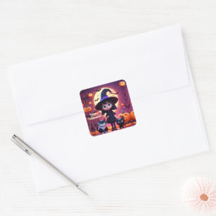 Schattigee kleine heks met katten en pompoenen, op vierkante sticker