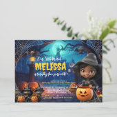 Schattigee kleine heks spooktacular verjaardagsuit kaart (Staand voorkant)