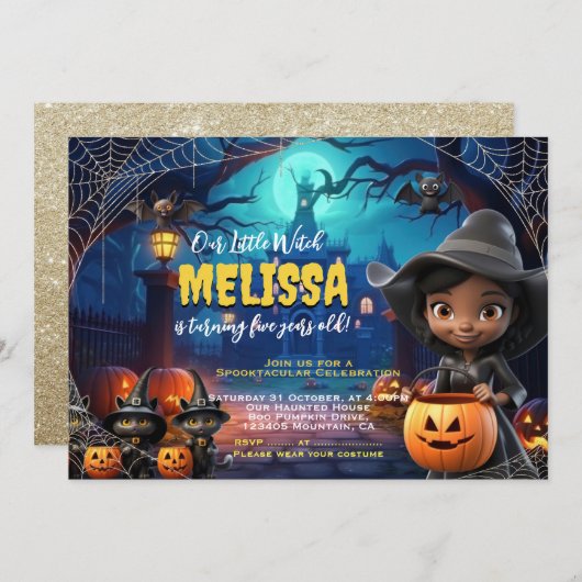 Schattigee kleine heks spooktacular verjaardagsuit kaart (Voorkant / Achterkant)